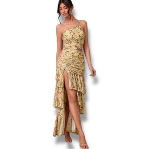 Floral One-Shoulder Cut Out Maxi Dress